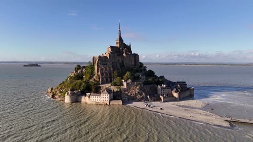 Drone view of Mont-Saint-Michel Abbey and tidal island in Normandy, France