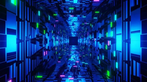 Moving in Abstract Futuristic Spaceship Neon Glow Tunnel