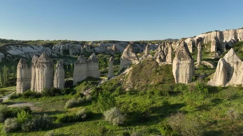 Aerial view of unique rock formations in Goreme, Cappadocia
