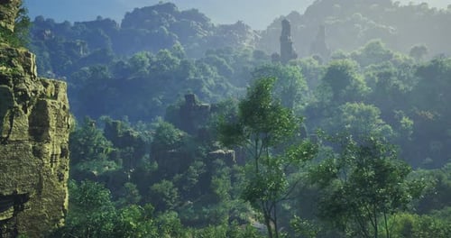 Serene Landscape Featuring Lush Greenery and Rocky Formations in the Mountains