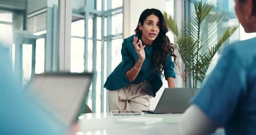 Woman, doctors and meeting in boardroom at hospital, laptop or discussion with planning