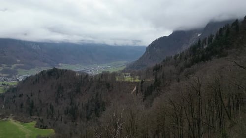 Fahren Sie vorbei an blattlosen, gezackten Ästen, um einen Kamm mit immergrünen Pflanzen und einer kleinen ländlichen Stadt zu errichten.