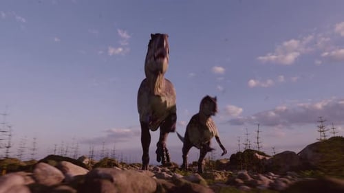 Powerful 3D Animation of Dinosaurs Roaming a Prehistoric Landscape