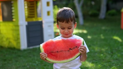 Happy Child Eating Juicy Red Watermelon Outdoors
