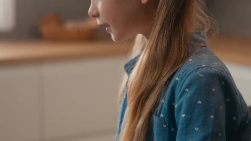 Moving Shot Caucasian Teen Girl Schoolgirl Child Kid Daughter School Pupil Study Learning at Home