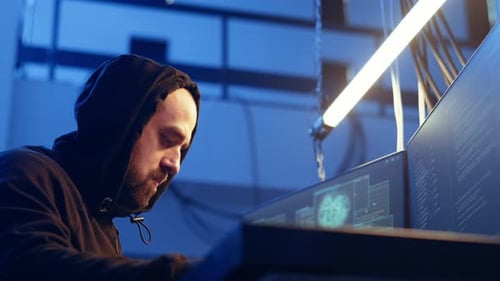 Man Coding at Computer in Dark Room