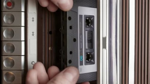 Closeup Shot of Hands Holding Vintage Recod Tape Into Old Player