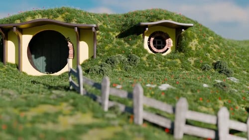 Idyllic Hillside Dwellings Construction Animation