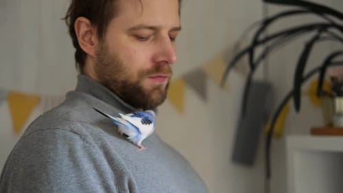 Man with Budgerigar Bird Perched on Shoulder