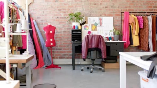 Interior of bright fashion studio, slow motion