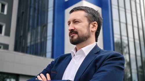 Pensive Smiling Business Man White Shirt Collar Suit Proud Thinking Work Satisfaction Downtown City
