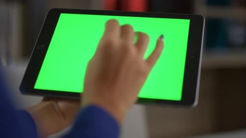 African American Woman Hands Using Tablet Chroma Key Looking Data In Office. Closeup Business Per...