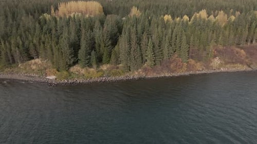 Slow dolly view above lake, autumnal forest and hidden house