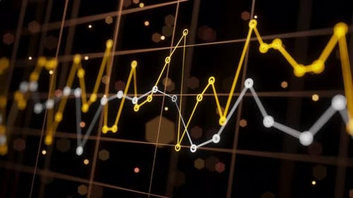 Looped 3D animation of glowing financial data lines.