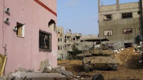Israeli tank on ground operations in the Gaza Strip during the Israel–Hamas war, destruction of a re