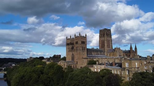 Durham Cathedral in County Durham on Sunny Day - Aerial 4K HD Drone Footage Rise Up