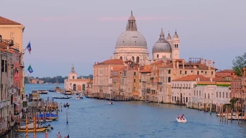 Panorama of Venice Grand Canal with boats and Santa Maria della Salute church