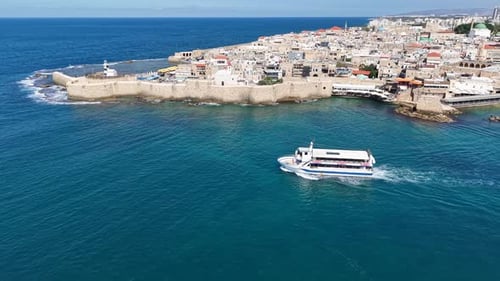 Aerial video over the old city of Acre in northern Israel