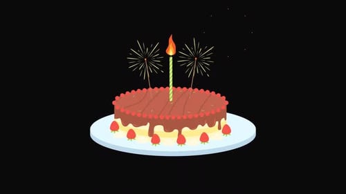 Animated Flat Design Birthday Cake with Candle and Sparklers