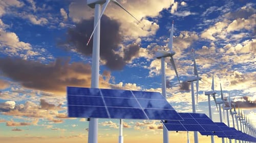 Innovative Energy Farm with Spinning Wind Turbines and Solar Panels on Blue Sky