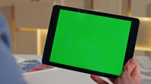 Entrepreneur Using Mockup Tablet for Online Work in Home Office Close Up