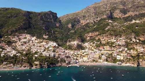 Aerial drone view of Positano town in Italy, Amalfitan coast