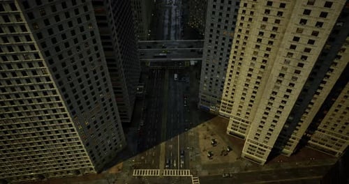 High Angle View of Urban City Streets Surrounded By Tall Buildings
