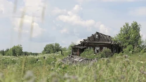 Ruined Wooden House On The Hill. An Old Abandoned House Among The Tall Grass
