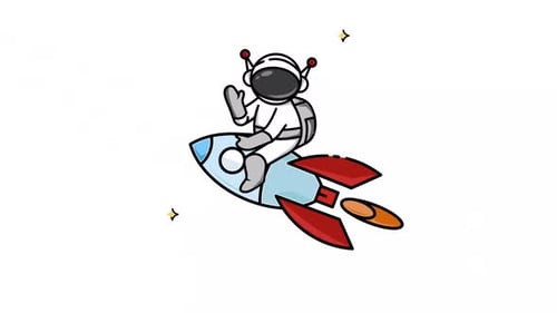 Cartoon Astronaut on Rocket Ship Flying Through Space Animation