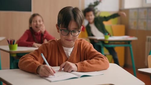 Angry Playful Noisy Children Classmates Schoolgirl Girl Kid Schoolboy Child Throw Crumpled Papers