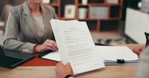 Business, documents or people in office, partnership agreement or conversation for negotiation