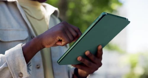 Hands, man outdoor and scroll with tablet for social media post, check email