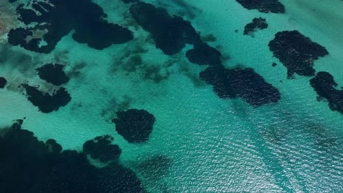 Aerial View of Turquoise Waters with Sunlight Reflecting Off the Surface and Dark Patches of Coral