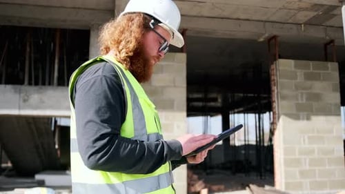 Bearded engineer using digital tablet at construction site looks blueprint for building project