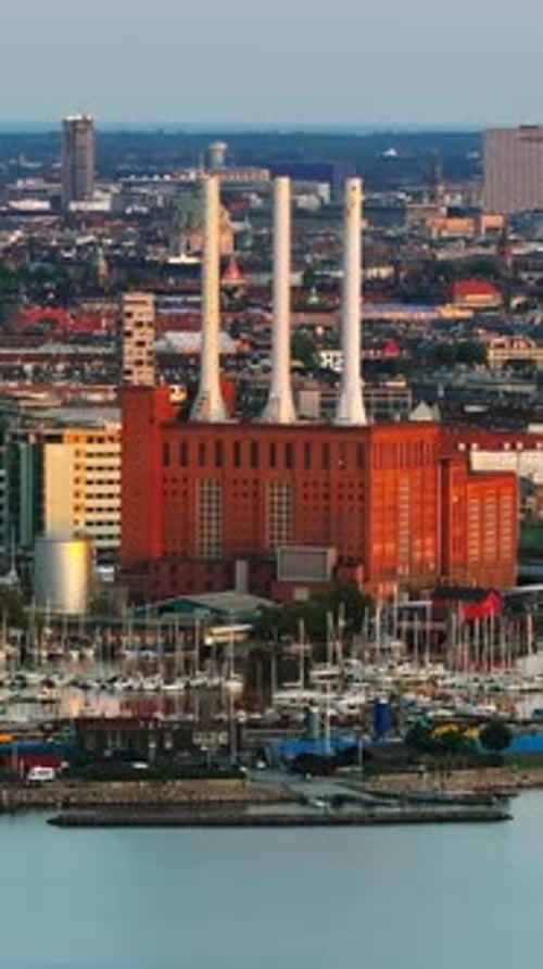 Aerial drone view of the Svanemolle Power Station in the south side of Svanemolle Bay in Nordhavnen,