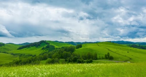Mountain Meadow Timelapse at the Summer or Autumn Time Wild Nature and Rural Field Fast Clouds