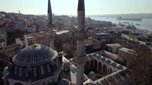 Aerial View of Yeni Valide Mosque and Bosphorus in Istanbul