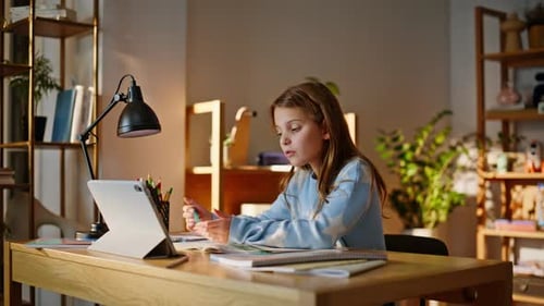Pupil Answering Online Lesson Studying Remotely Home Closeup Girl Education