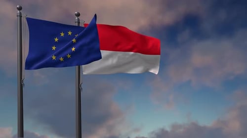 European Union and Indonesia Flags Waving in Realistic Animation