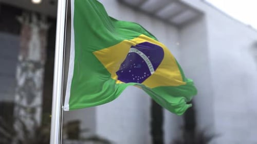 Brazil Flag Waving on Flagpole with Realistic Fabric Movement