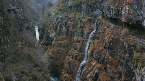 Drone View of Beautiful Water Cascade on Mountain Cliff. Water Stream Flowing. Valle Di Scalve, Valc
