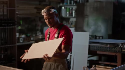 Craftsperson Examining Wooden Plank In Workshop