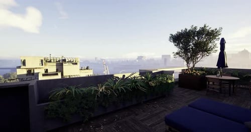 Relaxing Rooftop Terrace with Modern Furnishings and City Skyline View