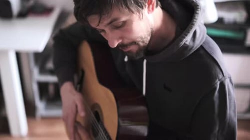 Man Playing Acoustic Guitar at Home Music Hobby Creative Leisure Inspiration Lifestyle Learning