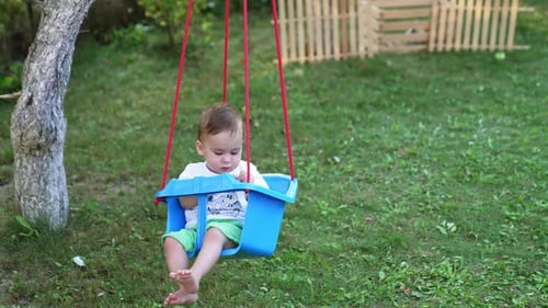 Adorable Baby on Swing in Green Summer Garden