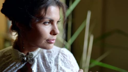 Retrato de primer plano de hermosa mujer romántica con vestido de encaje vintage, dama aristocrática de estilo retro