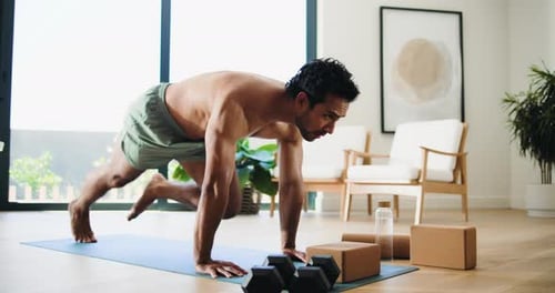 Home, exercise and man with training, challenge and fitness with cardio, breathing and wellness