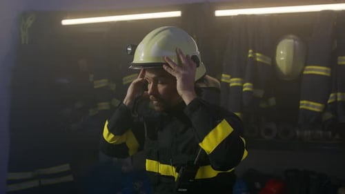 Mature Caucasian Firefighter Putting on Helmet Indoors in Fire Station Getting Ready