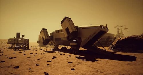 Futuristic Spaceship on Alien Desert Planet Colony