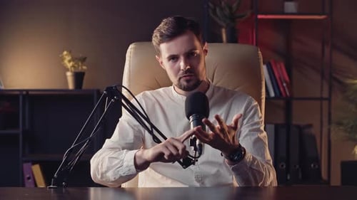 Young Guy Content Creator Recording New Video Live Stream Broadcast of Professional Blogger Man